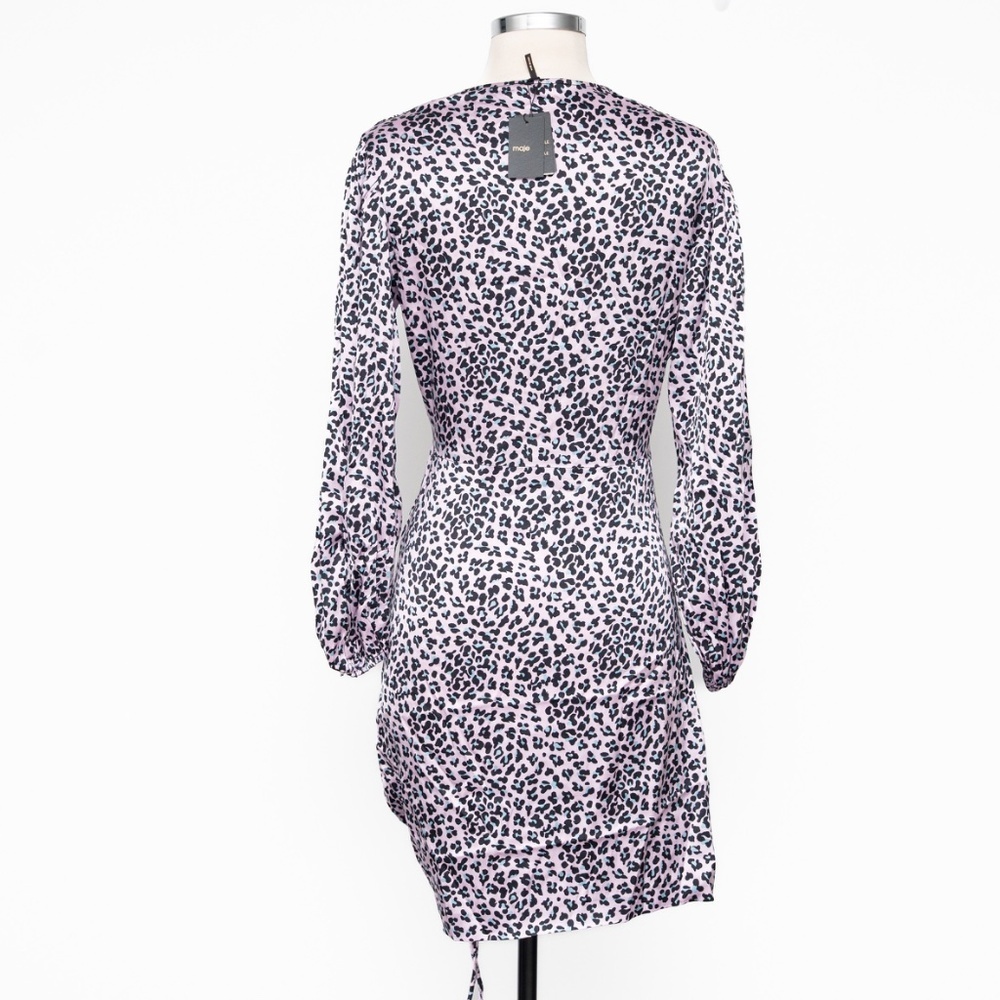 Maje | Maje Draped Leopard-Print Mini Dress‎ Pink Black Puff Sleeve V-Neck  NWT - Picture 5 of 13